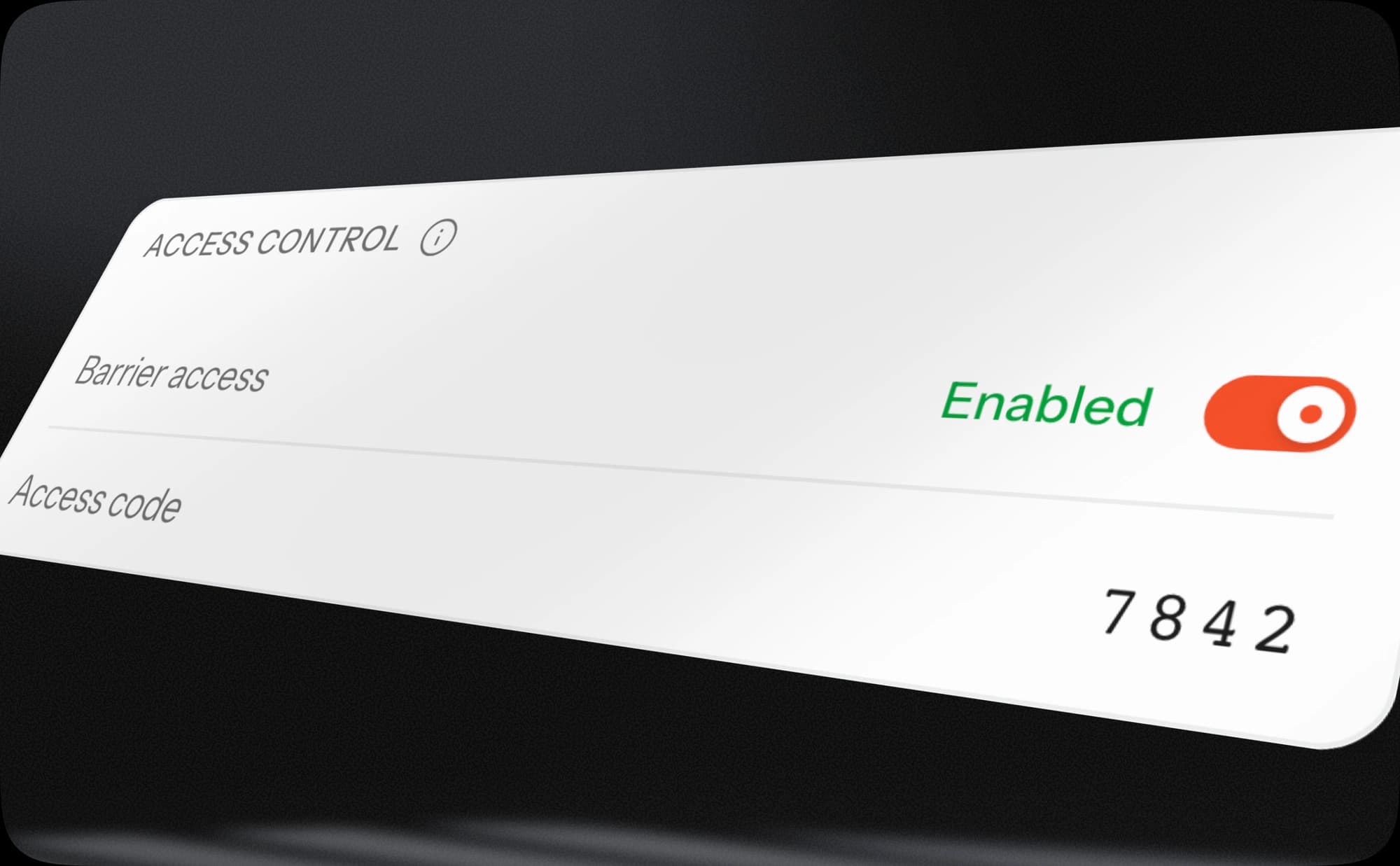 Access control card on a rental's detail page in Stortech, with the barrier-access toggle and PIN
