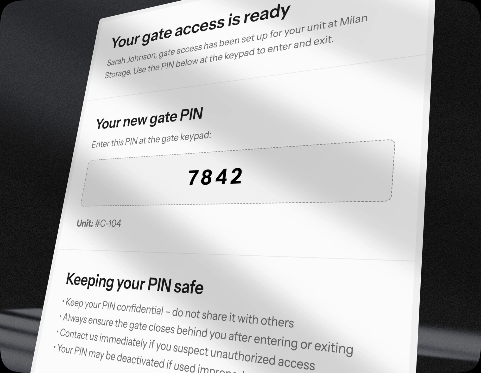 Stortech gate-access email sent to the tenant with their personal gate PIN