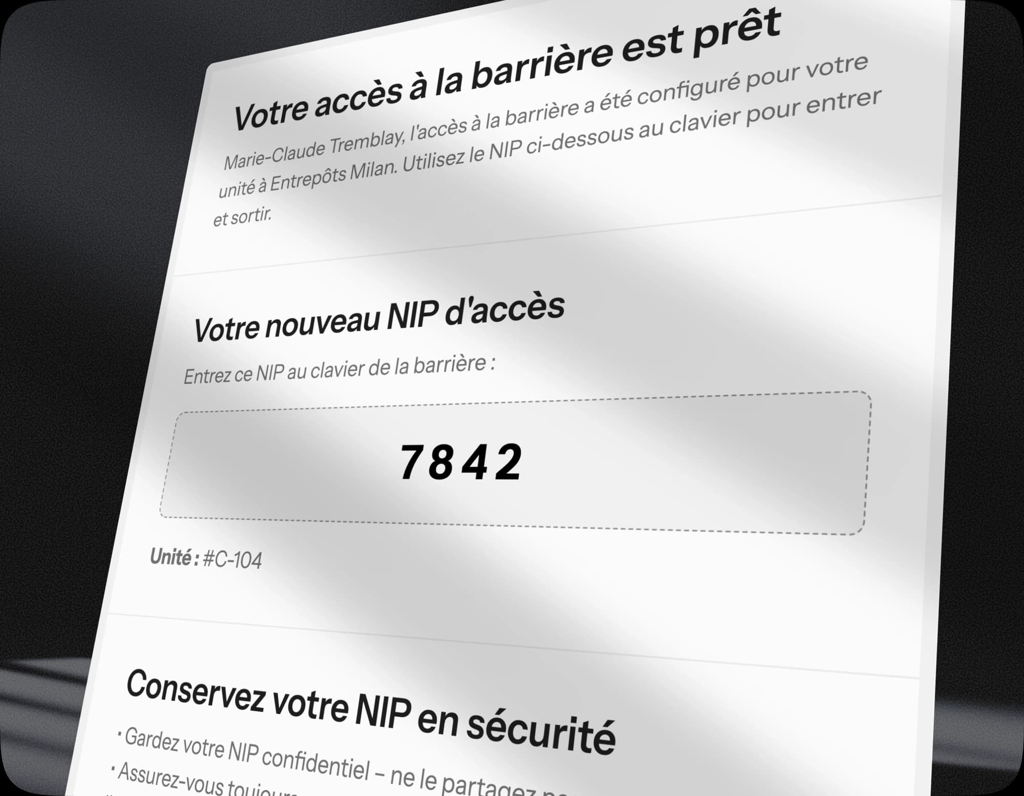 Courriel d'accès Stortech envoyé au locataire avec son NIP personnel pour la barrière