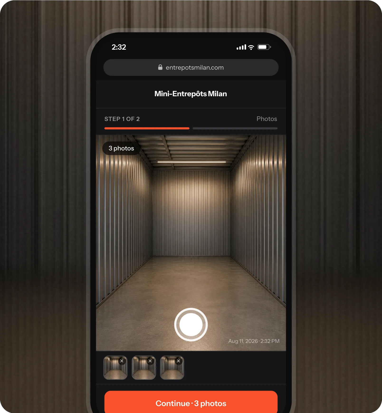 Move-out inspection capture screen on a phone: live camera pointed inside an empty storage unit, photo counter, and a Continue button